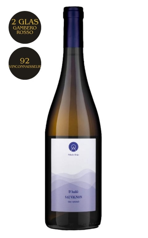 Flaske med hvidvin D'Amblé Sauvignon med to ros-guldmedaljer og vurdering 92 fra Vinconnaisseur på dansk.