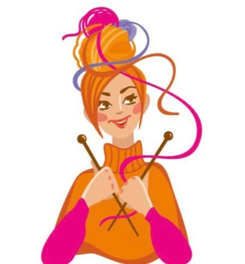 Illustration af kvinde med orange og pink tøj, der holder strikkepinde med garn snoet omkring hende. (1)