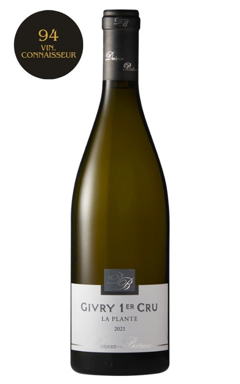 Flaske med hvidvin Givry 1er Cru La Plante 2021 fra Domaine Danjean-Berthoux med rating 94 af Vin Connaisseur.