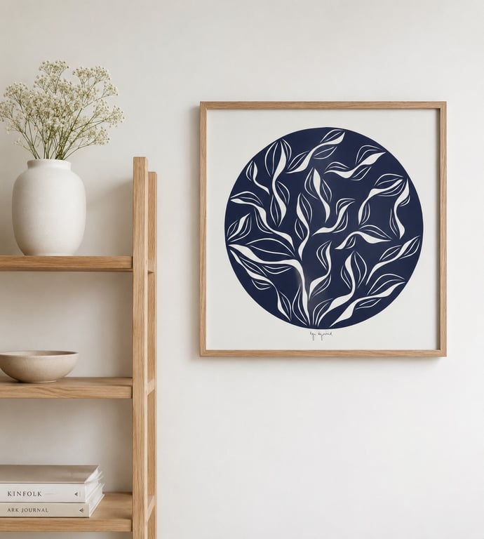 40x40cm, papercut, marineblå, indrammet 