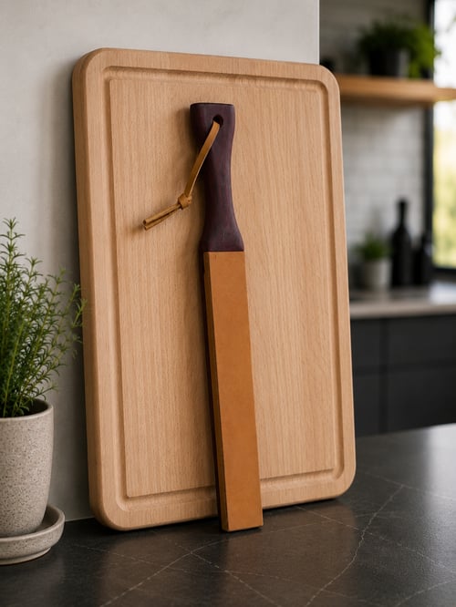 Skærebræt og knivvæske med læderhylster stående på køkkenbord mod væg med potteplante ved siden af. (1)