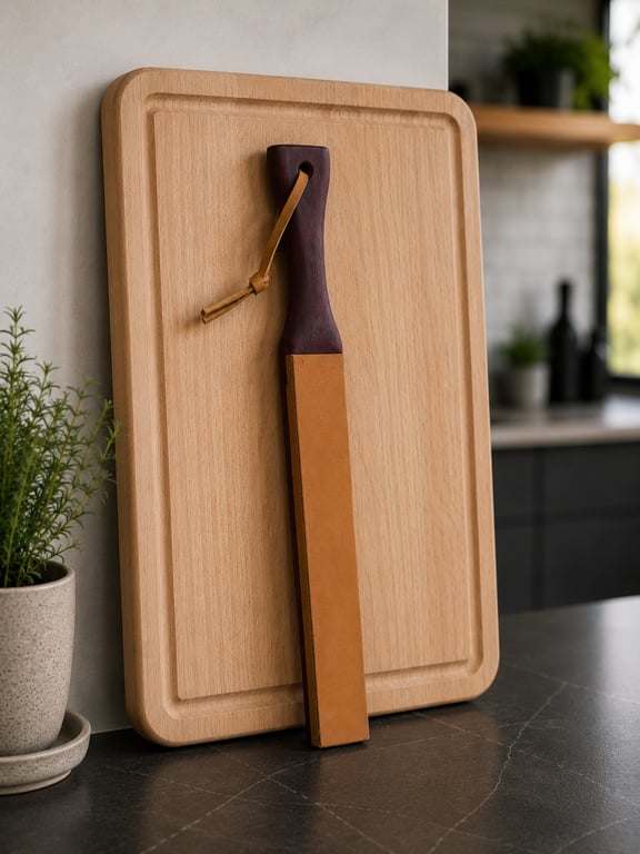 Skærebræt og knivvæske med læderhylster stående på køkkenbord mod væg med potteplante ved siden af.