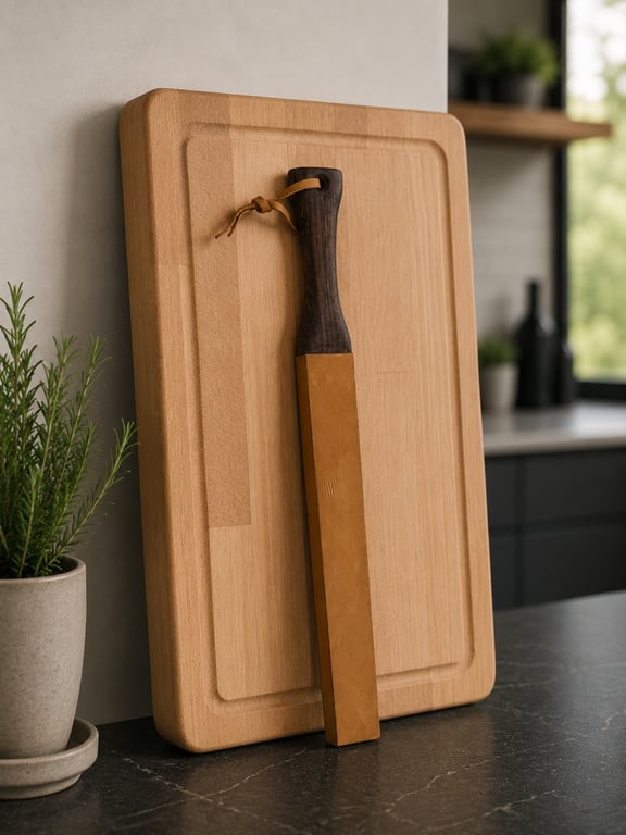 Skærebræt med mørkt træhåndtag og lædersnor, hvilende op ad væggen på et køkkenbord ved siden af en potteplante.