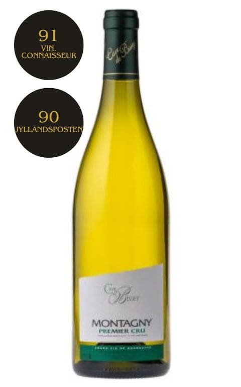 Flaske med hvidvin mærket "Montagny Premier Cru" med vurderinger 91 fra Vin Connaisseur og 90 fra Jyllandsposten.