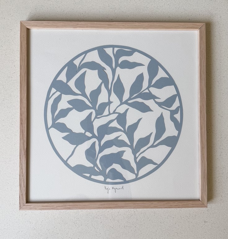30x30cm, papercut, dueblå, indrammet 