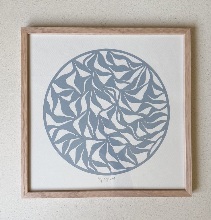30x30cm, papercut, dueblå, indrammet 