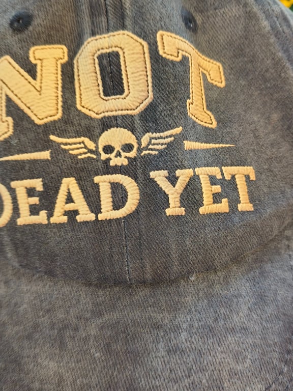 Blåt baseballkasket med broderet tekst "NOT DEAD YET" og et lille hvidt kranie med vinger i midten.