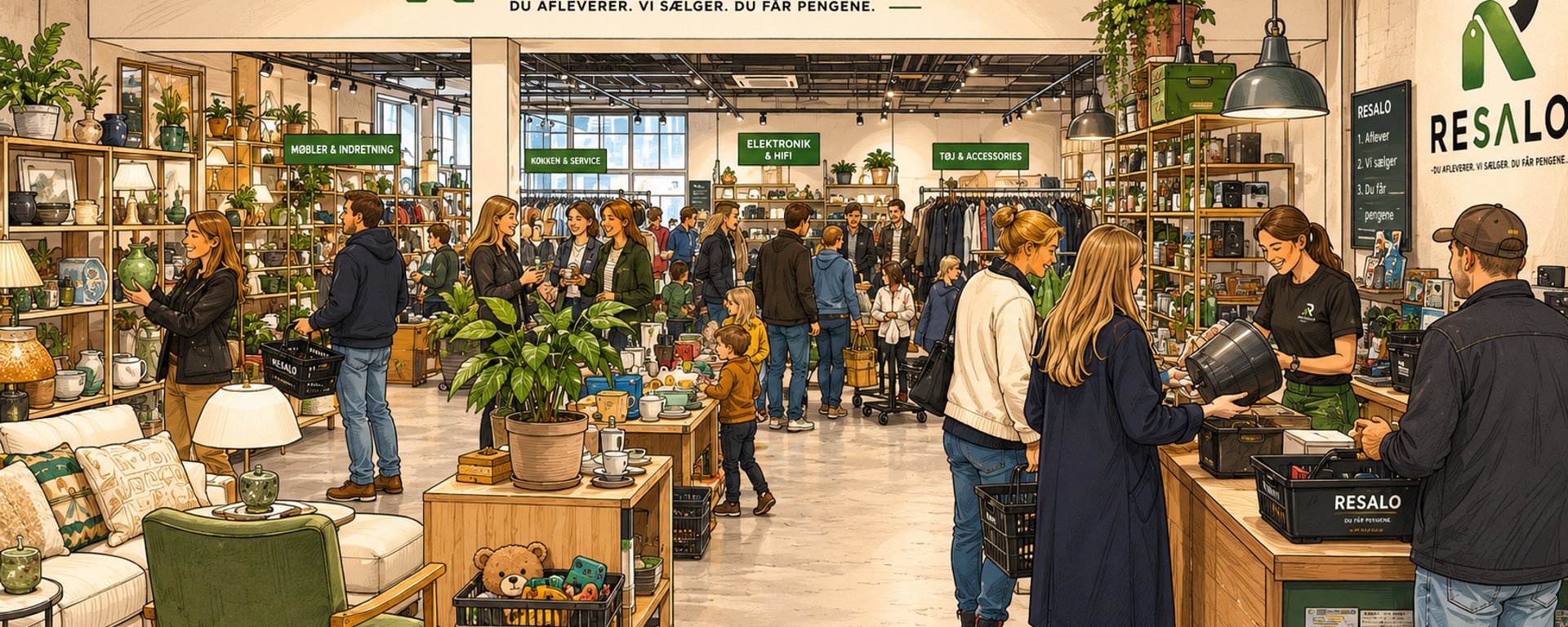 Billede af et moderne, grønt indrettet rum med møbler, planter, elektroniske enheder, sko og kufferter, samt en papkasse med logoet "RESALO".