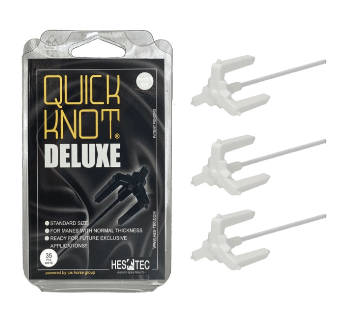 Pakke med Quick Knot Deluxe hvid mankeringskroge og tre separate hvide mankeringskroge til hestehår.