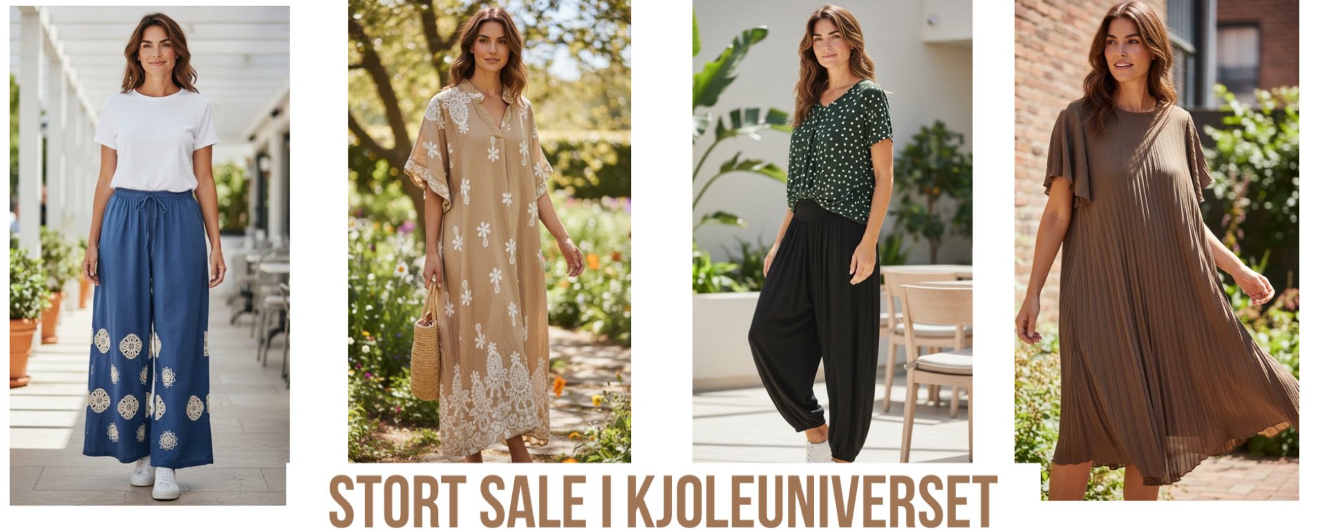 Kvinde i fire forskellige farverige kjoler, der står i både udendørs og indendørs miljøer, med teksten "KJOLEUNIVERSET" under billederne.