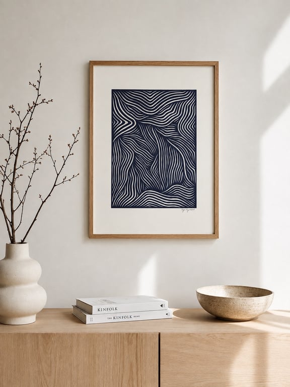 Hvid væg med træramme omkring abstrakt kunst med sorte og hvide bølgede linjer, en beige vase med knopper på grene til venstre, to Kinfolk-bøger stablet på et lyst træskab og en beige skål til højre, med sollys der falder ind fra højre side.