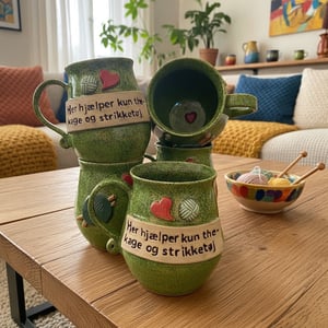 Keramik krus med tekst - Har hjælper kun the- kage og strikketøj – produktbillede