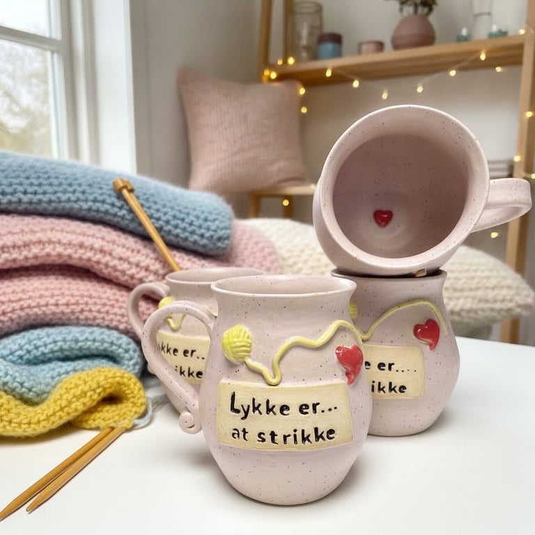 Keramik krus med tekst - Lykke er at strikke billede 2