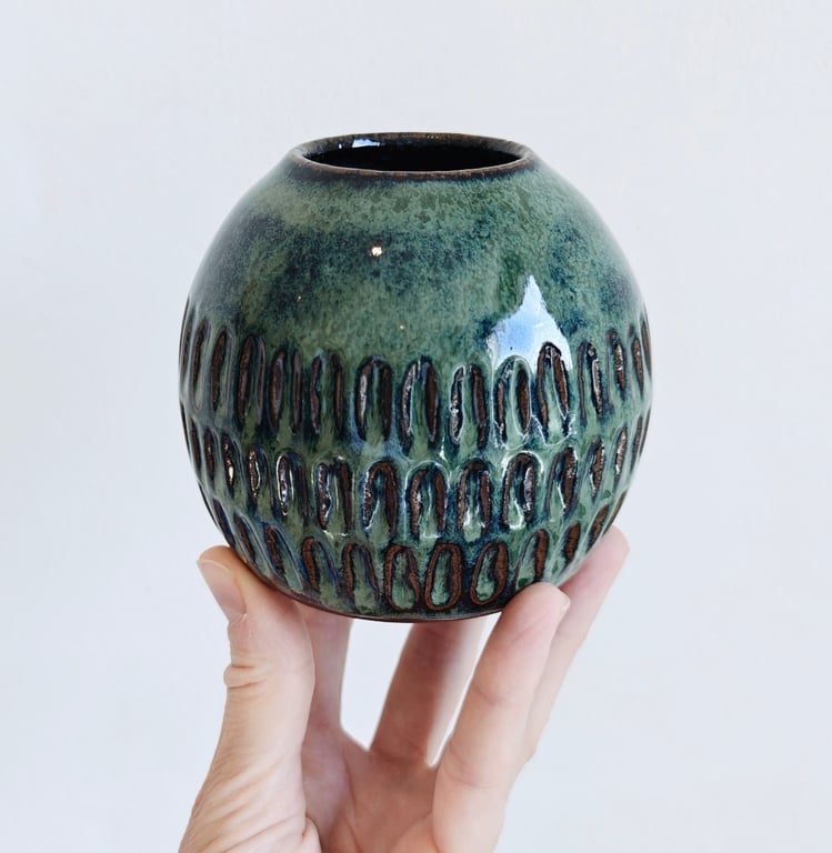 VASE CARVED SEA GREEN