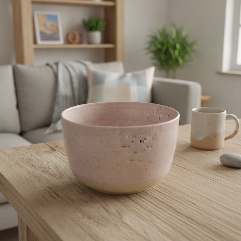 Keramik Skål rosa med små farvede pletter.