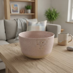 Keramik Skål rosa med små farvede pletter. – produktbillede
