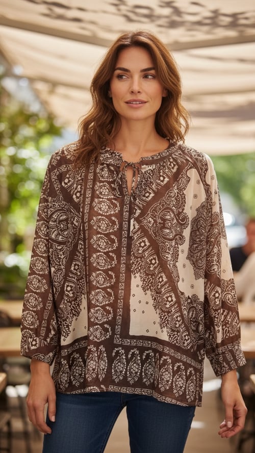 Kvinde iført løstsiddende bluse med brunt og beige paisleymønster og blå jeans, stående udendørs under en parasol. (1)
