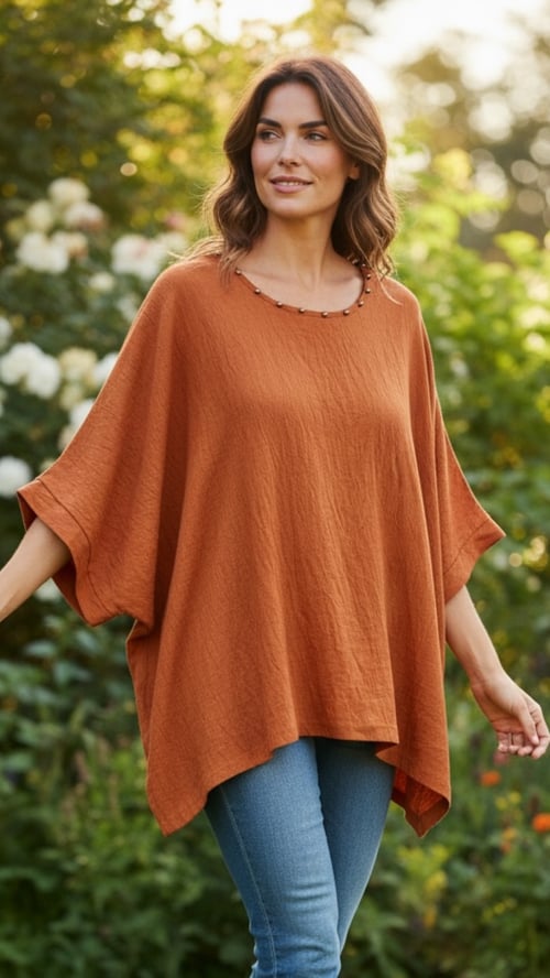 Kvinde iført orange loose-fit bluse og blå jeans, stående udendørs med grønne planter og blomster i baggrunden. (1)