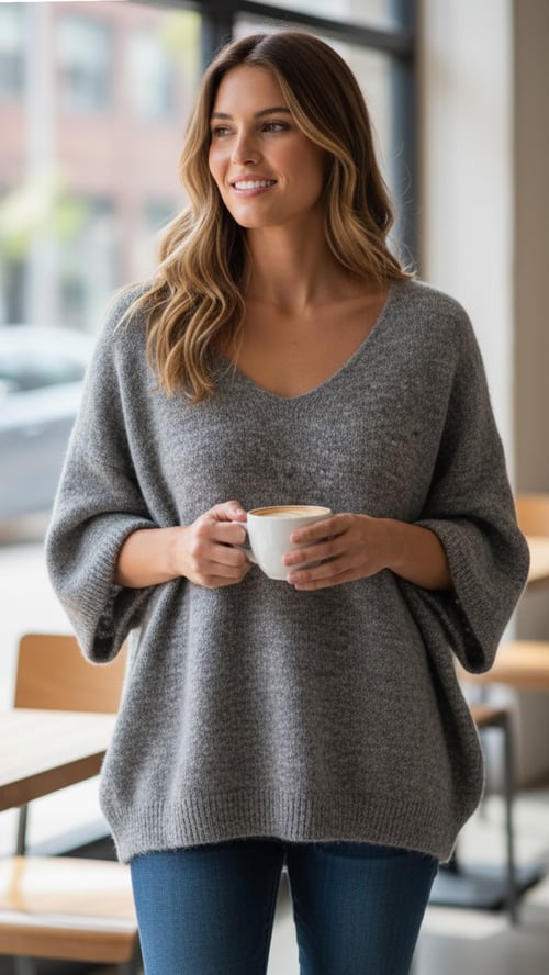 Kvinde iført grå sweater og blå jeans, der smilende holder en kop kaffe i et lyst caféområde. (1)