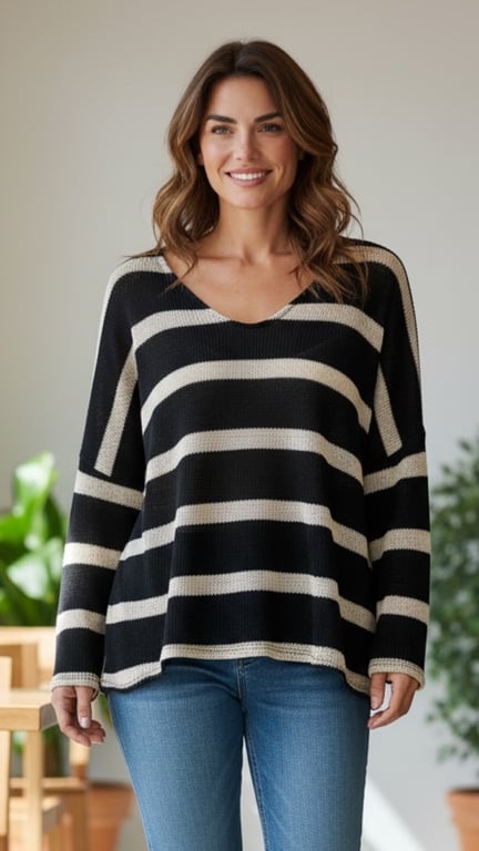 Kvinde med skulderlangt brunt hår iført sort og hvid stribet sweater og blå jeans, smilende foran en neutral baggrund med grønne planter.