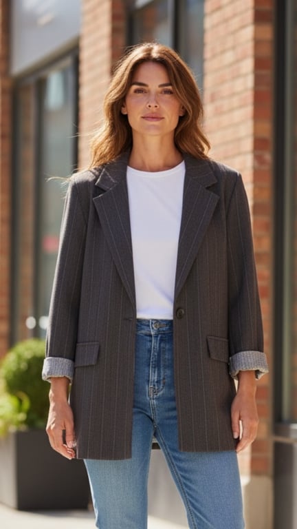 Kvinde iført grå blazer, hvid T-shirt og blå jeans, stående udendørs foran murstensbygning.