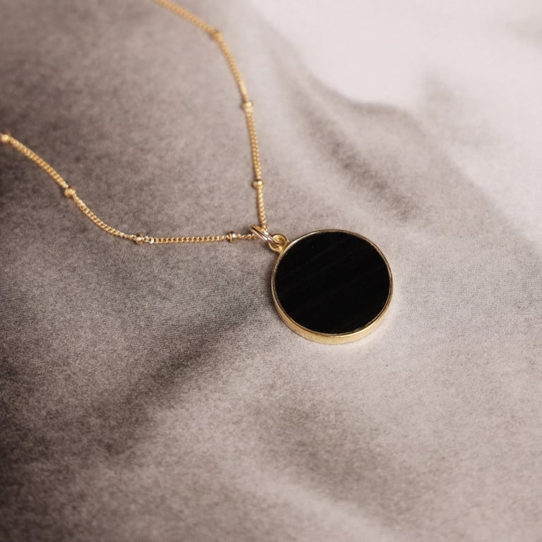 Sort obsidian cirkelvedhæng halskæde guld - Nyhed billede 3