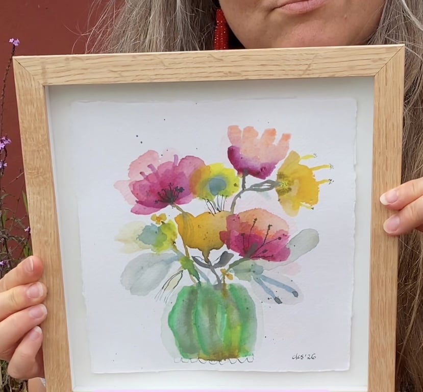 Grøn stribede vase i massiv egetræsramme billede 2