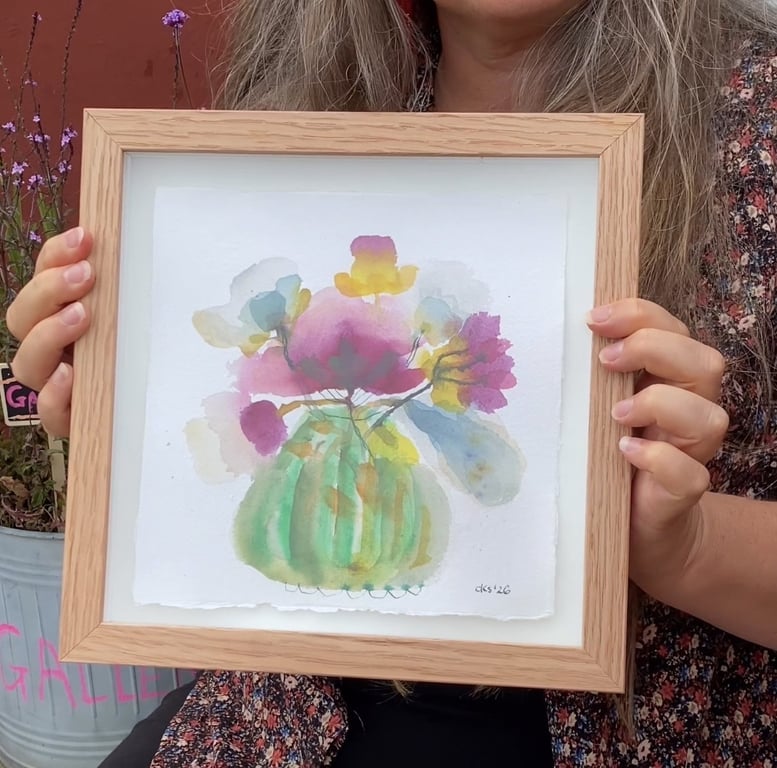 Grøn stribede vase i massiv egetræsramme  - original akvarel billede 2