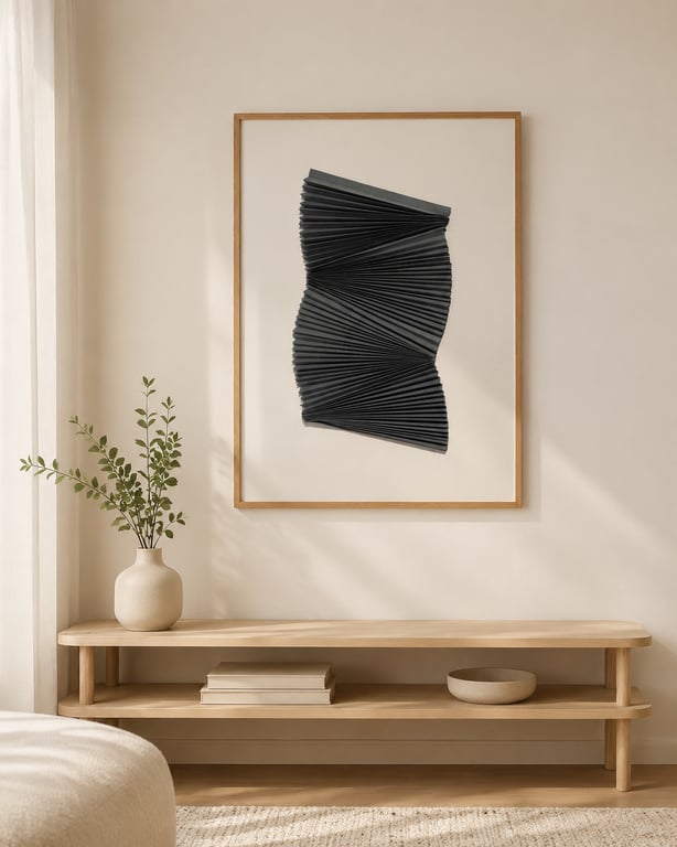 Stue med lyst træbord, minimalistisk keramikvase med grønne grene, bøger, skål og abstrakt sort foldet vægkunst i træramme på beige væg.