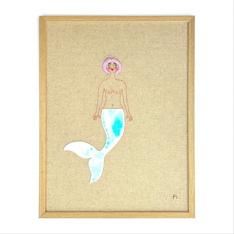 Havfrue – regnbue – broderi 30 x 40 cm