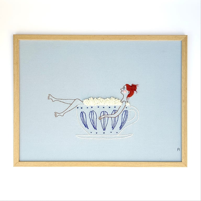 Kaffebad – blå – broderi 30 x 40 cm