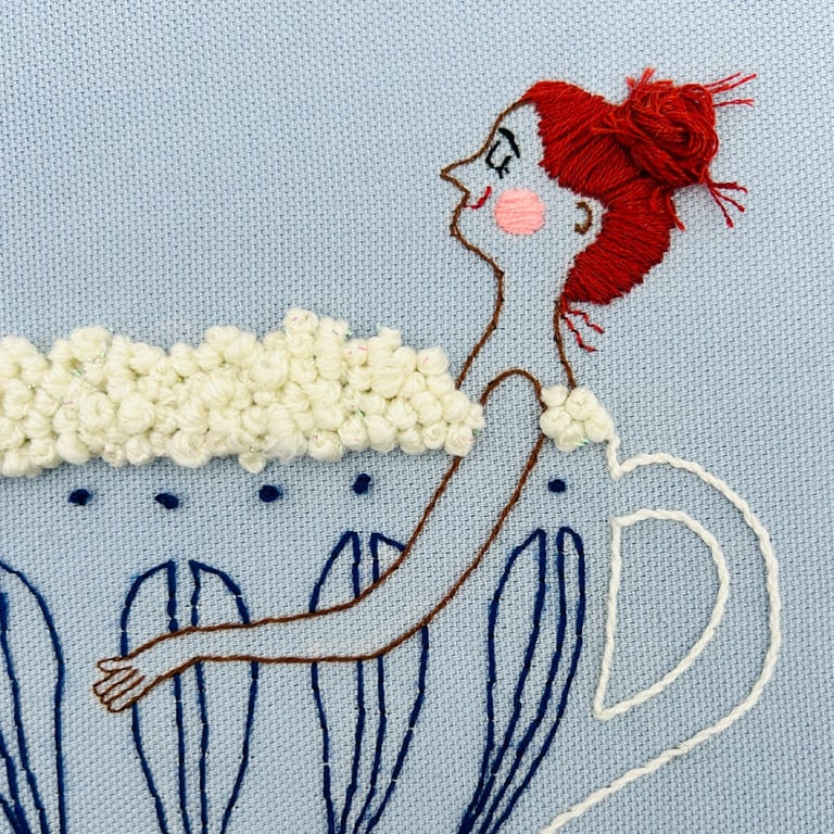 Kaffebad – blå – broderi 30 x 40 cm billede 2