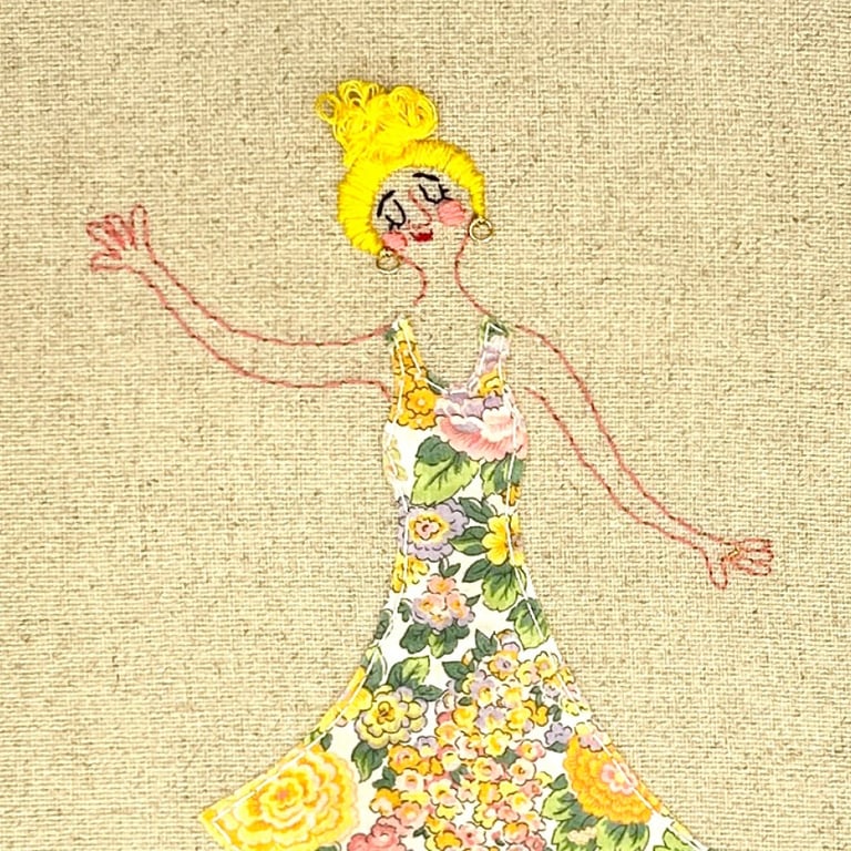 Danser med mig selv – blomsterkjole – broderi 21 x 30 cm  billede 2