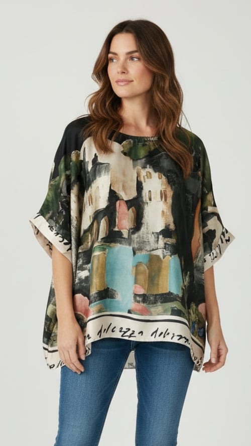 Nicole viscose blouse. Black/green grafic. Onesize 38-48. (1)