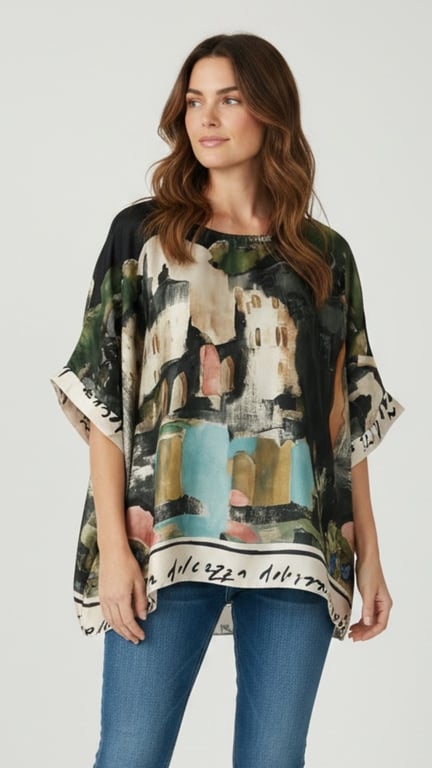 Nicole viscose blouse. Black/green grafic. Onesize 38-48.