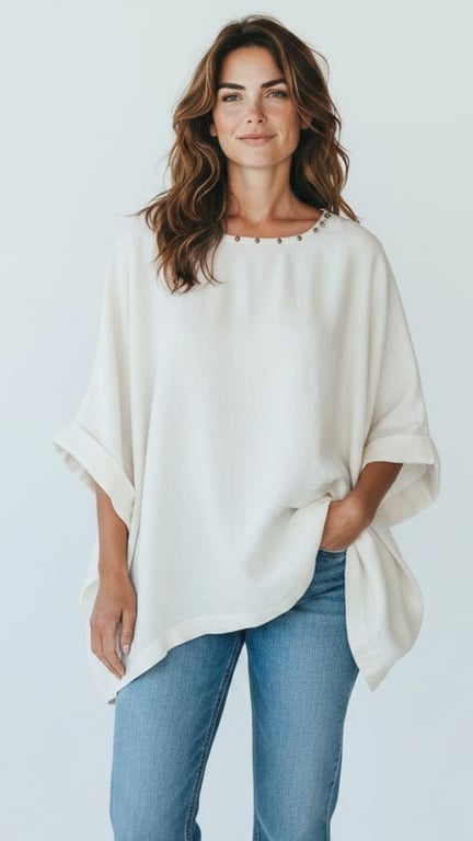 Kvinde med langt brunt hår iført en løs hvid bluse med nitter ved halsen og blå jeans, stående mod en hvid baggrund.
