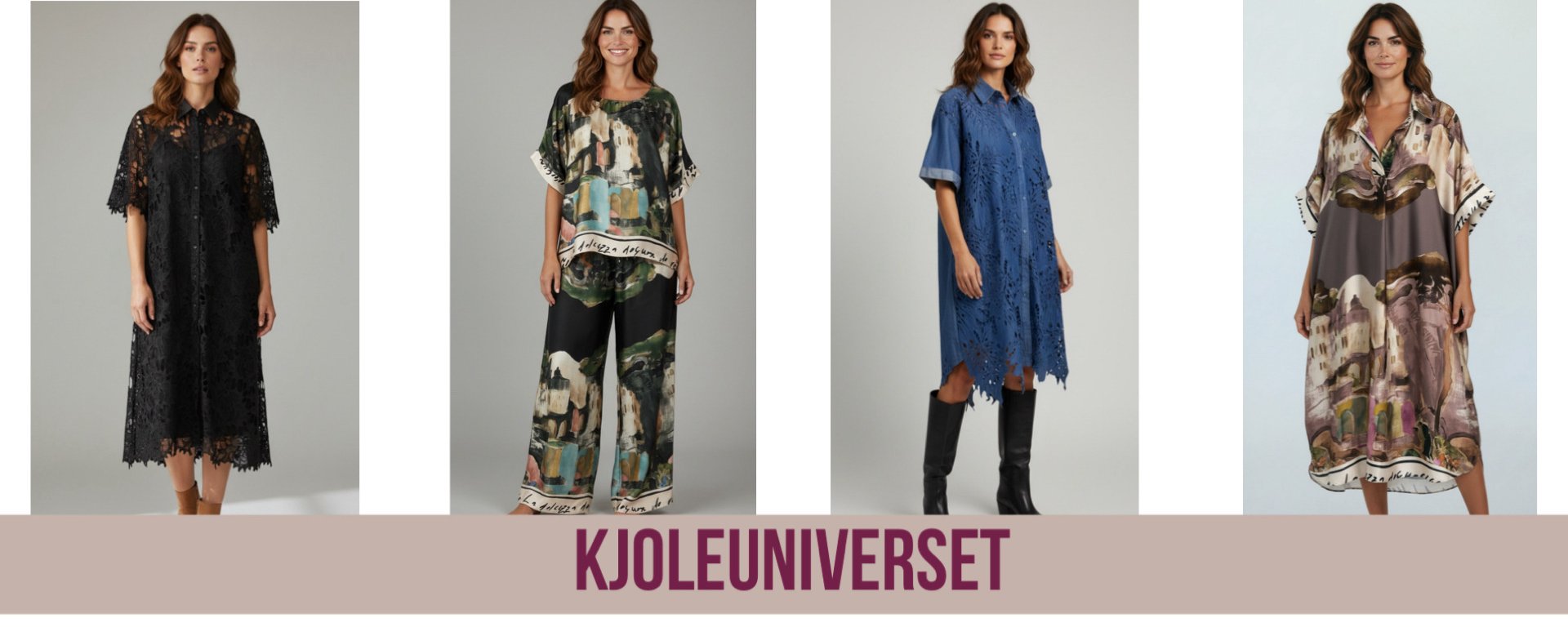 Kvinde i fire forskellige farverige kjoler, der står i både udendørs og indendørs miljøer, med teksten "KJOLEUNIVERSET" under billederne.