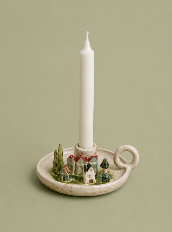 Creme hvid lysestage med lille miniature landsby  