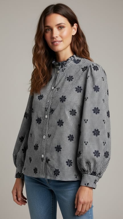 Kvinde iført sort-og-hvid ternet skjorte med mørke blomster, puffede ærmer og knapper, samt blå jeans, stående mod en neutral baggrund.