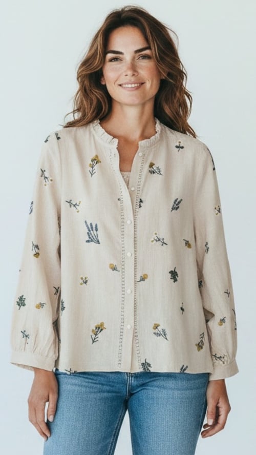 Kvinde med langt brunt hår iført beige bluse med blomsterprint og blå jeans, smilende mod kameraet. (1)