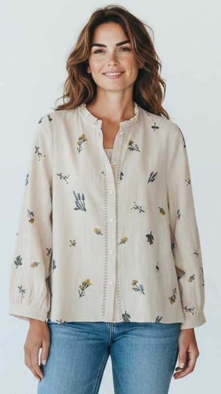 Kvinde med langt brunt hår iført beige bluse med blomsterprint og blå jeans, smilende mod kameraet.