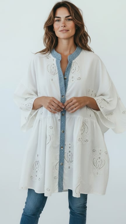 Penny Tunic/shirt, White w blue, Onesize 38-48.