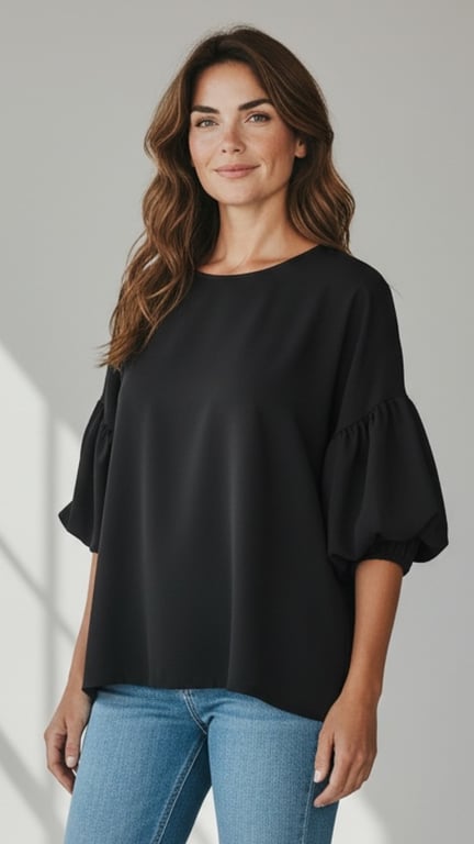 Kvinde med langt, bølget brunt hår iført sort bluse med pufærmer og lyseblå jeans mod en lys baggrund.