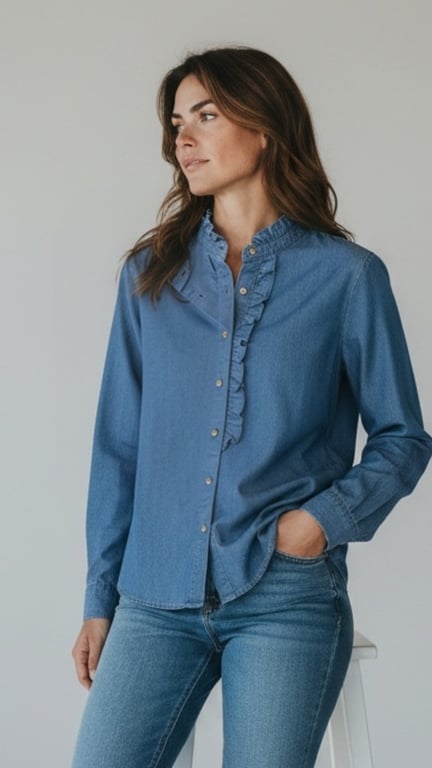 Kvinde iført blå skjorte med flæse foran og blå jeans, der står med den ene hånd i lommen og kigger til siden.