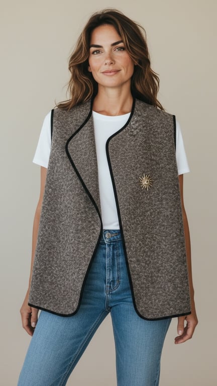 Kvinde iført hvid t-shirt, grå vest med sort kant og blå jeans, poserende foran beige baggrund.