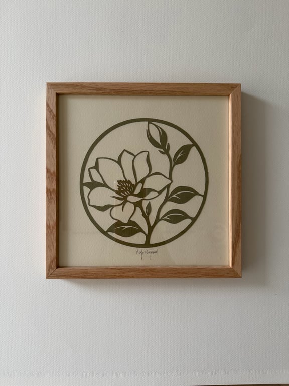20x20cm, papercut, oliven, indrammet 