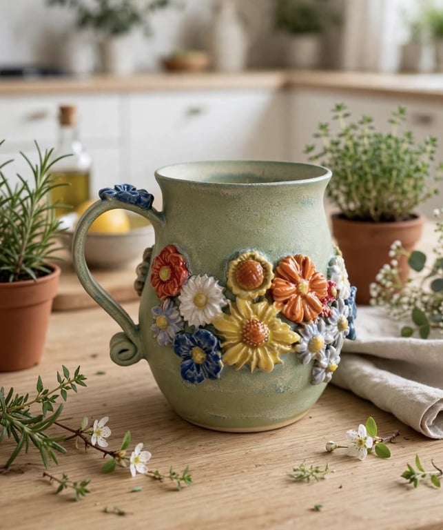 Keramik krus - Med blomster, grøn. billede 3