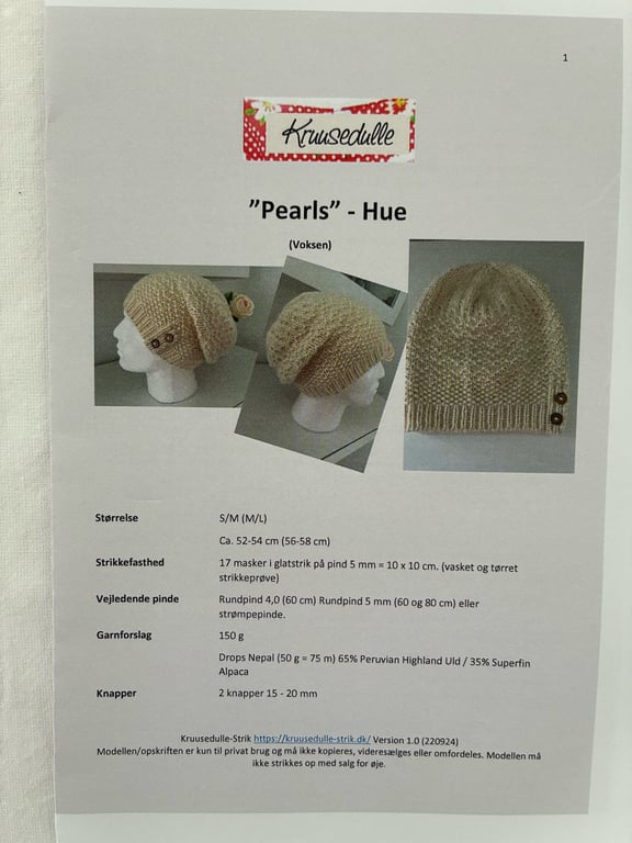 Printet opskrift: Pearls Hue (voksen) billede 5