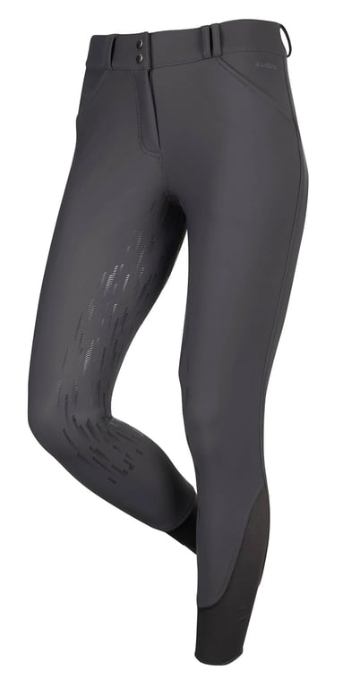 Grå ridebukser med silikonegrip på låret og elastisk stof ved anklerne.