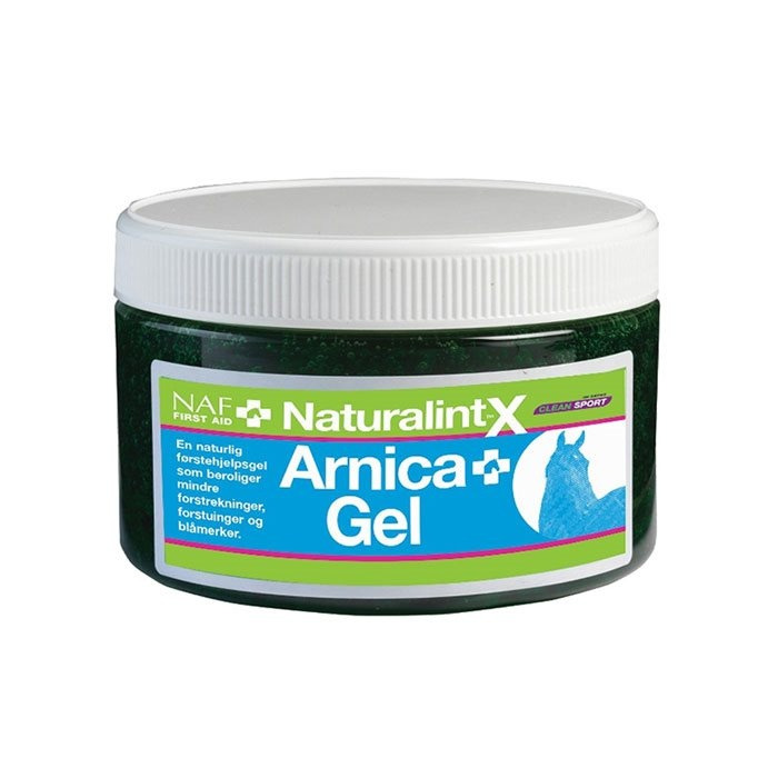 Billede af en beholder med Naturalint X Arnica Gel til heste, en naturlig førstehjælpsgel mod forstuvninger, forstrækninger og blå mærker.